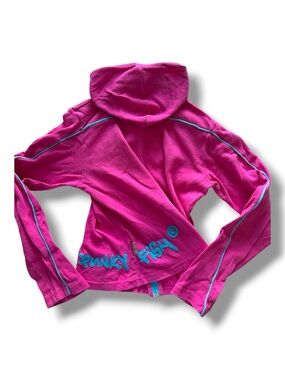 Vintage Y2K Punky Fish Full Zip Hoodie Pink Blue Embroidered Logo Trim Small
